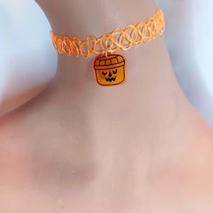 Orange Tattoo Choker Necklace with Pumpkin Boo Bucket Charm.